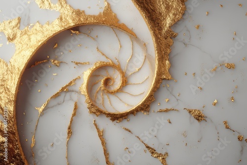 Gold leaf spiral on a white marble surface, creating an elegant and luxurious look. Decorative art with intricate gilded detailing.