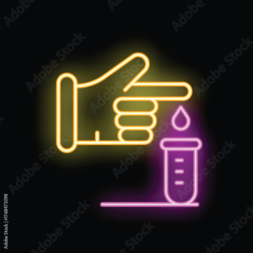 Neon sign of a hand pricking a finger to collect a blood sample in a test tube
