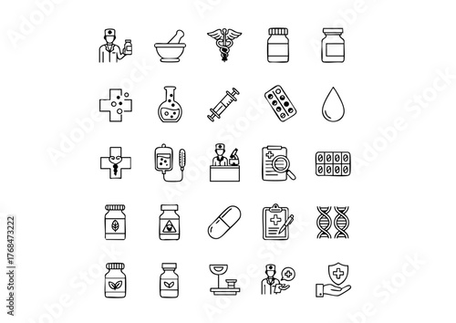Pharmacy and Medicine Icon Set: 25 Black & White Vector Glyphs, Pharmacist & Healthcare Line Art: Minimalist Thick Line Icons, Medical Dispensing Collection: Prescription and Drug Iconography