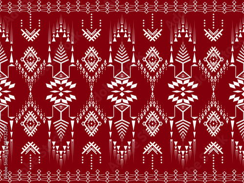 Seamless indigenous geometric pattern in dark red and white. A symmetrical design inspired by textile weaving techniques. (120 characters