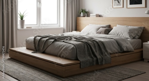 Bright bedroom wood platform bed, gray linens, rug, plants, soft light, calming