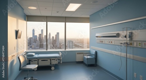 Bright hospital room with empty bed overlooks a cityscape at golden hour