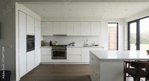 Bright, modern kitchen with white cabinetry, dark wood floor, and natural light