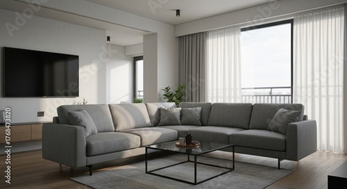 Wallpaper Mural Bright, modern living room featuring a grey sectional sofa and large windows Torontodigital.ca