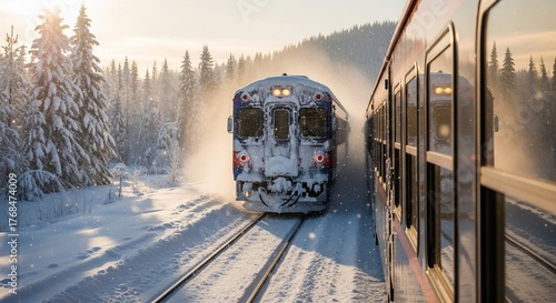 A train travels through a snowy forest on a bright winter day