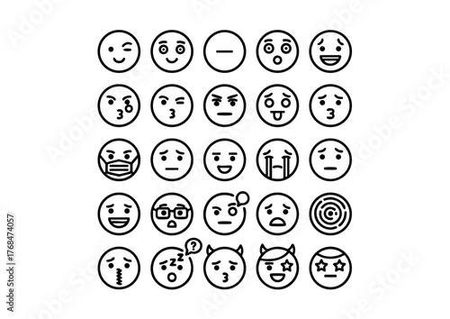 Emotions & Feelings Icon Set: 25 Black & White Facial Expression Vectors, Vector Emoticon Glyphs: Minimalist Thick Line Mood Collection, Communication Faces: Happy, Sad, & Angry Line Art Iconography
