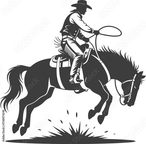 Cowboy riding horse vector illustration rodeo silhouette wild west graphic art