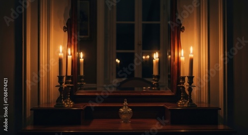 Candlesticks illuminate a dark wooden vanity and mirror in a dimly lit room