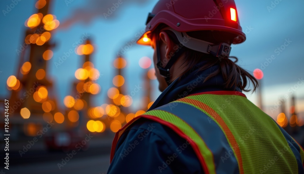 Obraz premium Female worker in safety vest overlooking industrial site at dusk focused on safety and operations