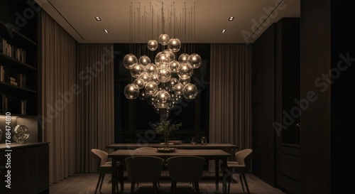 Chic dining room features globe chandelier above table set for dinner