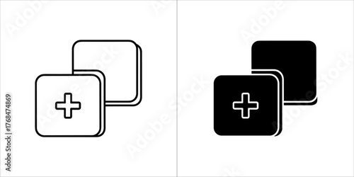Two square icons with plus sign, one outlined and one solid black
