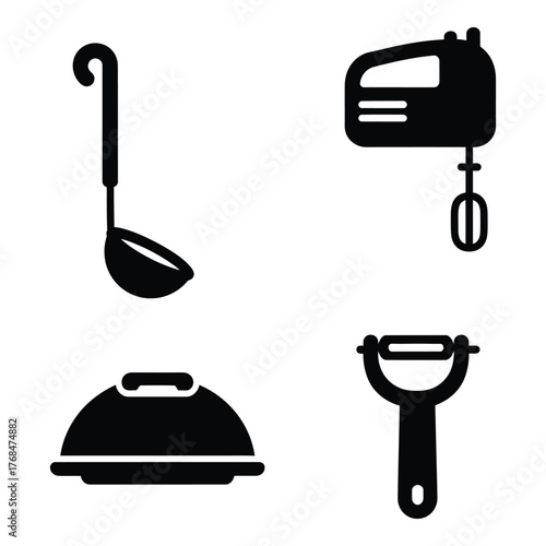 Four Black Kitchen Utensil Icons On White Background cooking ladle
