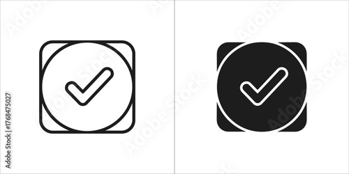Check mark icon in a circle and square, outline and filled versions