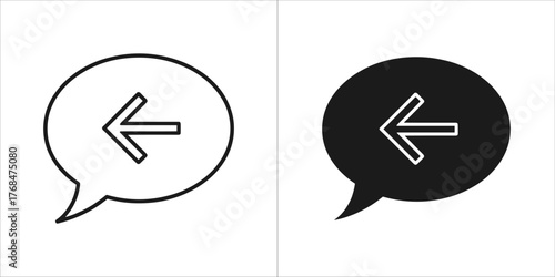 Set of two speech bubble icons with left arrow, one outline and one solid