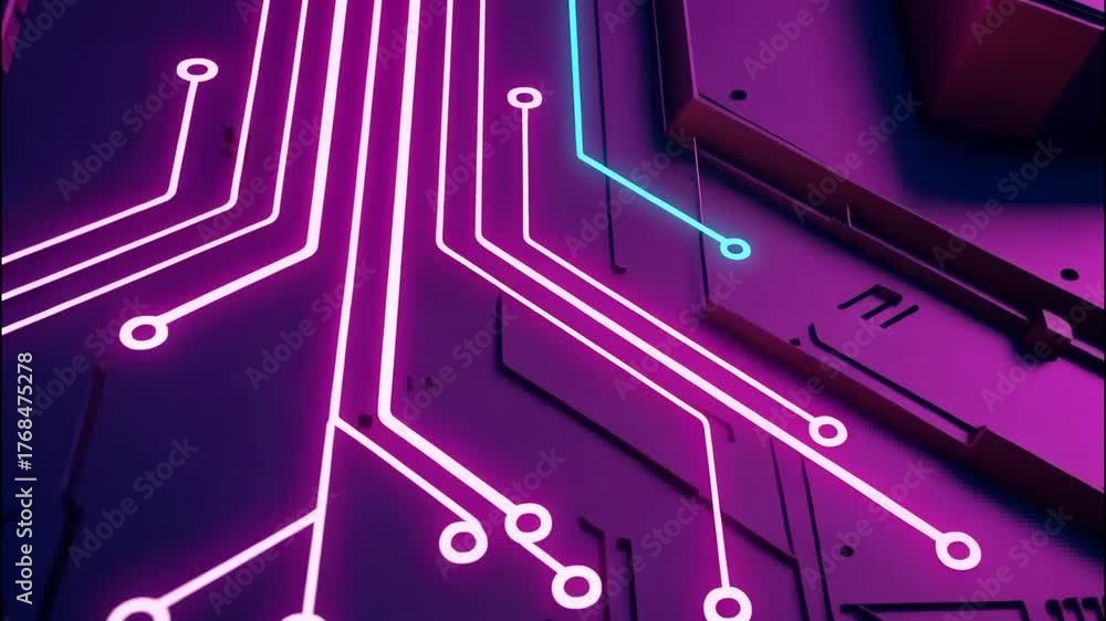 A closeup shot of a circuit board with glowing purple and blue lines, highlighting the intricate network of connections and the flow of data within the system, showcasing technology ai generated vedio