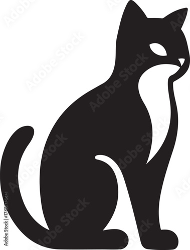Sitting cat silhouette with white chest, Cute feline black vector drawing