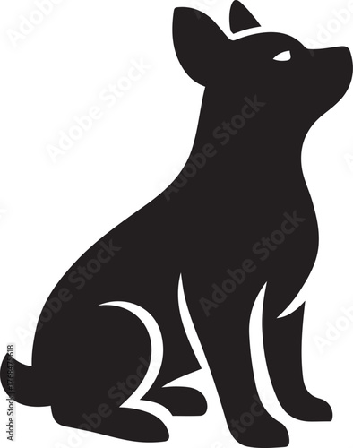 Sitting dog silhouette on white background, Loyal canine black and white illustration