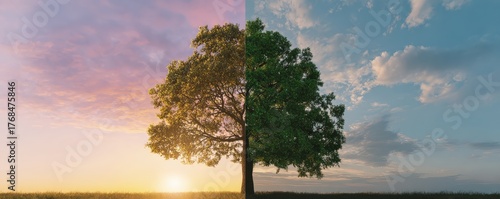A split image of a tree showcasing contrasting seasons, with vibrant colors on one side and a more muted palette on the other, symbolizing change and nature's cycles.