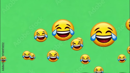 A vibrant and playful image features a multitude of laughing emoji faces with tears of joy, scattered across a bright green background, creating a cheerful and lighthearted scene ai generated vedio