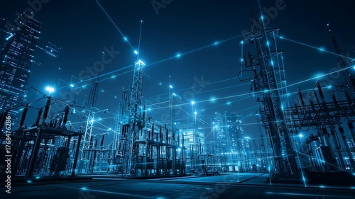 Futuristic power station at night with glowing technology and city skyline in the background