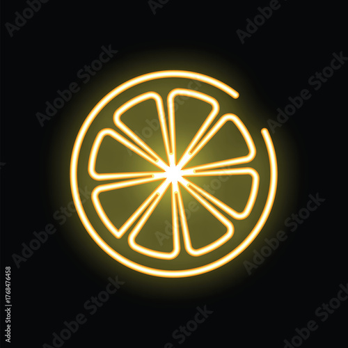 Yellow neon sign is glowing in the dark, showing a lemon slice
