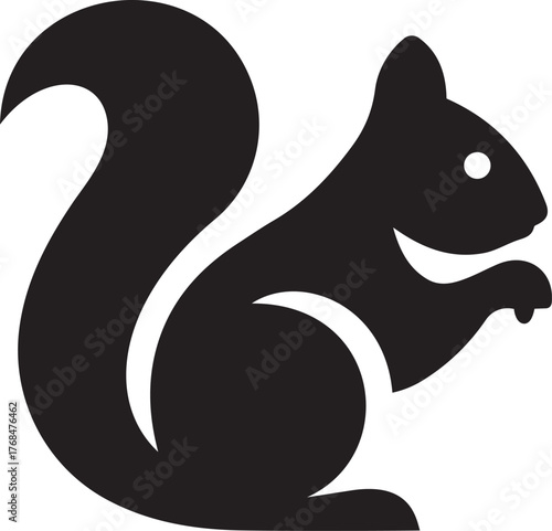 Squirrel with bushy tail silhouette, Woodland creature vector black design