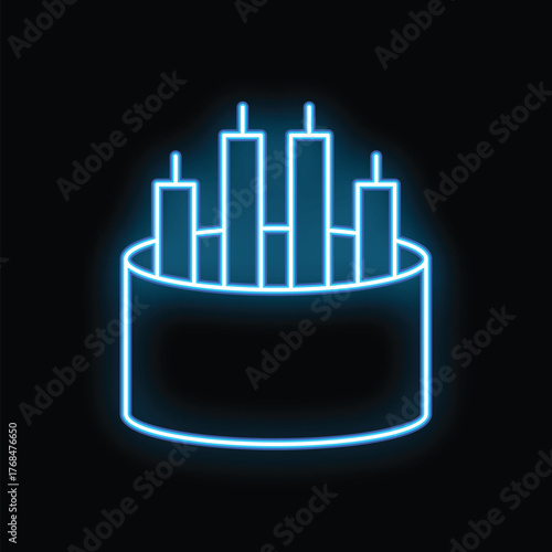 Neon blue icon of optic fiber cable glowing on black background