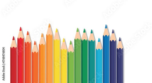 A vibrant line of colored pencils, arranged in a rainbow gradient with varying heights, casting subtle shadows on a white background.