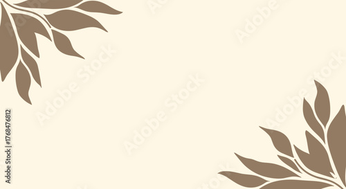 Minimalist floral background with subtle brown leaves in opposite corners on a cream-colored backdrop, offering elegant copy space.