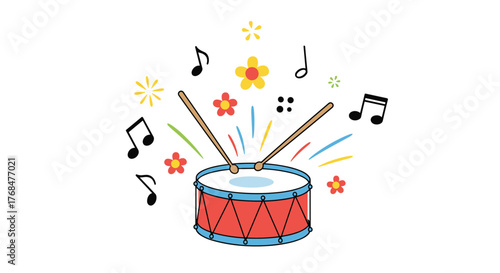 Cartoon drum with drumsticks, musical notes, and colorful celebration elements on a white background, representing music and joy.