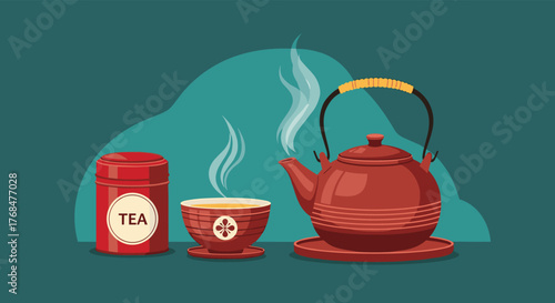 A traditional tea setting with a steaming teapot, a full teacup, and a red tea tin, against a tranquil teal background.