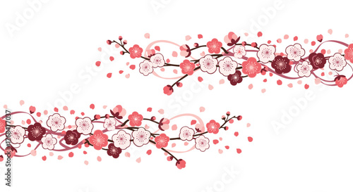 Elegant illustration of pink and maroon cherry blossoms on branches with scattered petals and swirling lines, conveying a beautiful spring motif.