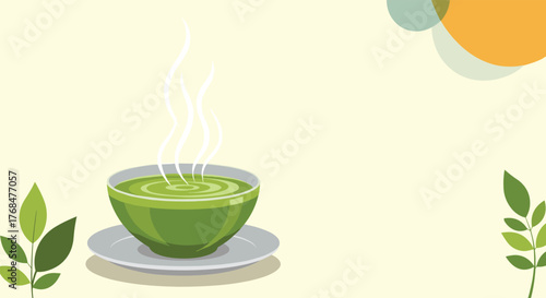 Warm green tea or soup in a steaming bowl with a saucer, accented by fresh leaves and abstract natural shapes on a soft yellow background.