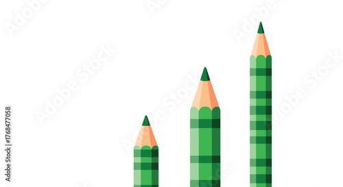 Three green pencils with a checkered pattern, arranged in ascending order of size on a clean white background, symbolizing growth or progress.