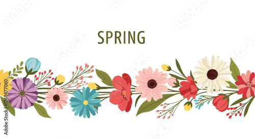 Colorful spring floral border illustration featuring various flowers, leaves, and berries with the word 'Spring' on a white background.