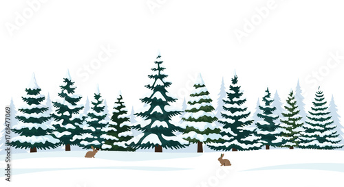 Winter wonderland scene with snow-covered evergreen trees and two cute rabbits in a peaceful forest landscape.