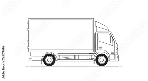 Side view line art illustration of a modern box delivery truck, suitable for logistics, shipping, and transportation concepts.