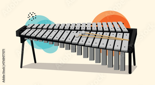 An illustrative depiction of a vibraphone or xylophone with two mallets resting on its metallic bars, set against a simple artistic background.