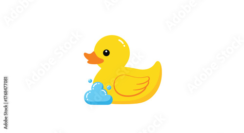 Adorable yellow rubber duck toy with blue soap bubbles, ideal for children's bath time, isolated on a white background.