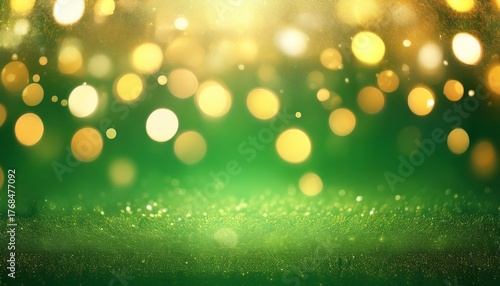 Golden Bokeh Lights Green Background Sparkling Lights On Green Party Lights In Green Celebration Lights