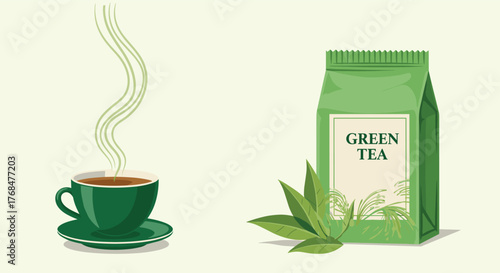 A refreshing hot cup of green tea next to a package of green tea and fresh tea leaves, highlighting healthy beverages.
