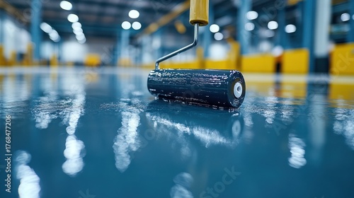 A paint roller rests on a gleaming blue surface in a large warehouse setting