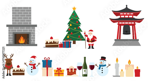 A diverse collection of holiday illustrations featuring Christmas and winter seasonal elements, festive items, and a prominent traditional Japanese temple.