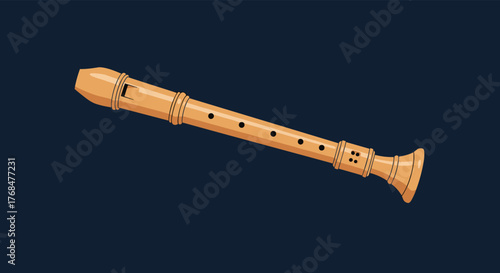 A detailed illustration of a wooden recorder, a classic wind instrument, presented on a dark, minimalist background.