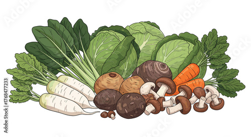 A vibrant and healthy assortment of freshly harvested root vegetables, leafy greens, and mushrooms, perfect for nutritious cooking.