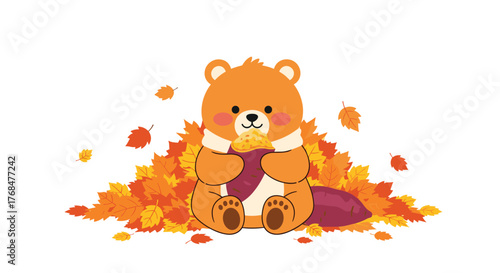 Adorable orange bear surrounded by autumn leaves contentedly eating a roasted sweet potato in a cozy fall scene.
