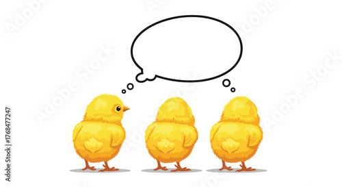 A yellow chick ponders a thought bubble as two companions stand facing away, suggesting curiosity or a question.
