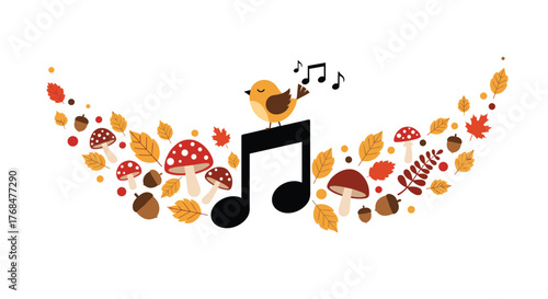 A cheerful bird sings on a musical note, surrounded by a delightful autumnal arrangement of colorful leaves, mushrooms, and acorns.