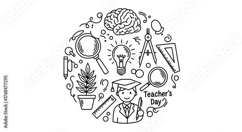 Creative illustration celebrating Teacher's Day with educational symbols and a student character