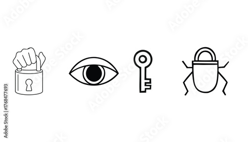 Vector line art icons of safety, security, and access